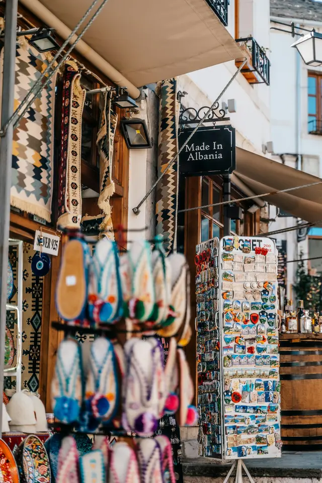 A colourful market produce stall in Gjirokastër