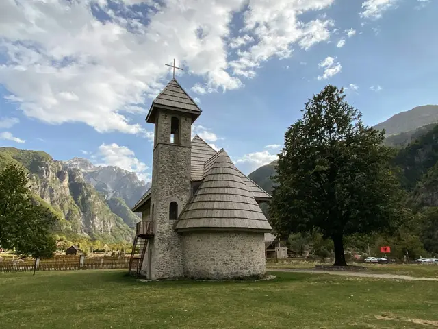 The Theth church beneath the Albanian Alps
