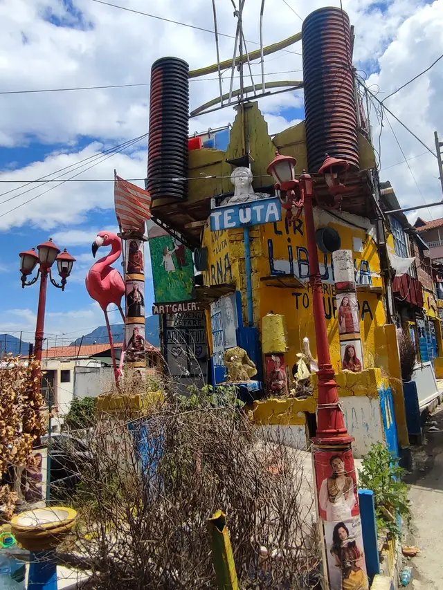 A colourful hand-built folk-art installation in a Tirana neighbourhood
